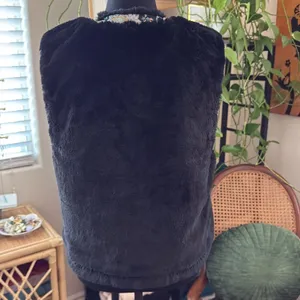 Free People Black Faux Fur Floral Brocade Trim Lined Boho Hippie Tie Front Vest thumbnail 2
