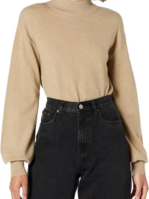 Women's Mock Neck Balloon Sleeve Sweater - Beige thumbnail 1