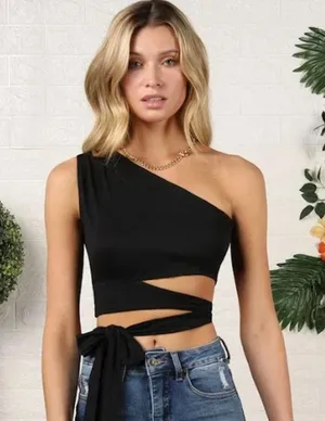 Hidden Brand New Black One Shoulder Crop Top With Long Ties for Wrapping thumbnail 1