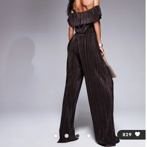 ASOS DESIGN plisse bardot wide leg jumpsuit in chocolate Medium thumbnail 2