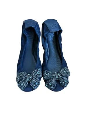 Tory Burch Navy Blue Suede Crystal Bow Eddie Flats thumbnail 2