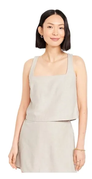 Old Navy Cropped Square Neck Linen-Blend Tank Top Small Neutral Tan‎ Minimalist thumbnail 1