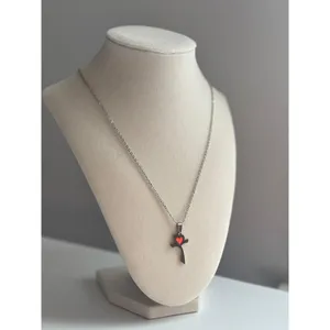 Cross Necklace Red Heart Pendant Silver Stainless Steel Minimal Jewelry thumbnail 3