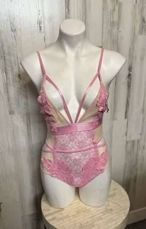 French Affair Pink Floral Lace Strappy Bodysuit Lingerie Women’s Small NWT thumbnail 1
