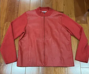 Pendleton Mixed Media‎ Jacket Womens Red Leather Front Merino Wool Zip Large thumbnail 1