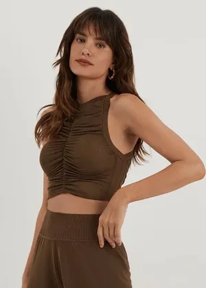 ViX Paula Hermanny Sia Top Brown Ruched Mesh High Neck Crop Top VH252148 Small thumbnail 1