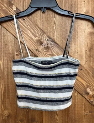 The Noise Tribe Women’s S Black Gray Striped Knit Cropped Cami Tank Top Metallic thumbnail 1