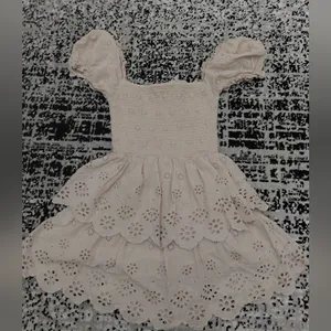 Bershka Size S Cream Tiered Ruffle Dress Eyelet Smocked Puff Sleeve thumbnail 14