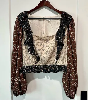 Free The Roses Floral Color Block Ruffle Blouse Size L Puff Sleeve thumbnail 2