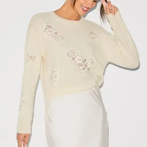 LoveShackFancy White Lace Crewneck Sweater XS Cashmere Romantic Designer $400 thumbnail 1