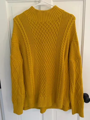 J.Crew Cotton Cable Knit Mockneck Sweater Mustard Yellow Oversized XL thumbnail 2