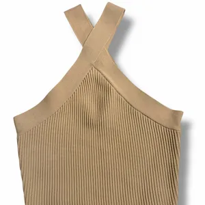 Tan Ribbed One Shoulder Halter Crop Top Sz S a35 thumbnail 1