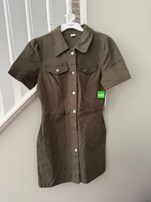 khaki green dress with pockets thumbnail 1
