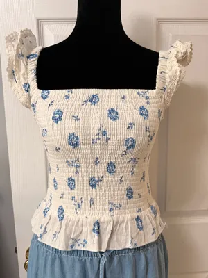 Kirious‎ LA Blue Floral Smocked Peplum Tank Cottage Summer Top M thumbnail 3