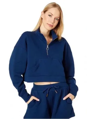 WE WORE WHAT Cropped‎ Terry Quarter Zip Pullover in Navy Blue Normcore thumbnail 1