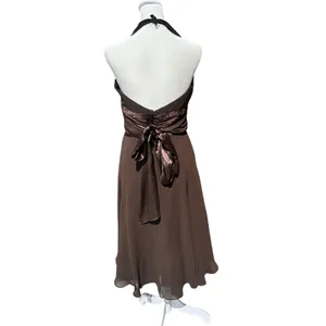 Maggy London Brown 100% Silk Halter Midi Dress Satin Waist Bow Sz 6 Vintage thumbnail 2