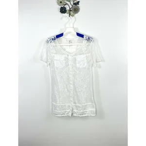 Mur Mur Anthropologie White Burnout Lace Yoke Button Front Top Sheer Size Small thumbnail 2