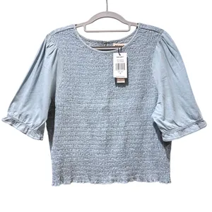 Mauby Womens Smocked Puff‎ Sleeve Blouse Blue Chambray Casual Shirt Top 1X thumbnail 1