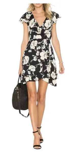 Free People Floral Wrap Mini Dress Womens Size Small Black White Ruffle Flutter‎ thumbnail 1