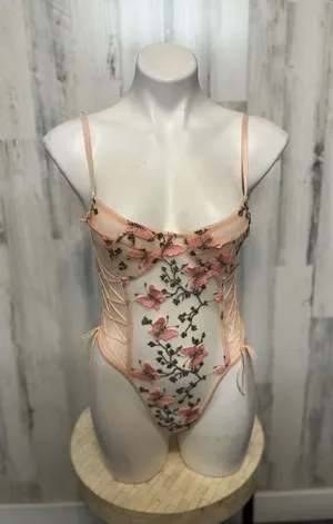 Floral Mesh Lace Up Bodysuit Pink Sheer Embroidered Teddy Lingerie Size M thumbnail 1