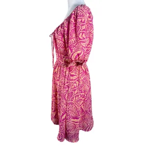 Sienna Sky Tropical‎ Puff Sleeve Dress Womens Medium Pink Excellent Smocked Back thumbnail 9