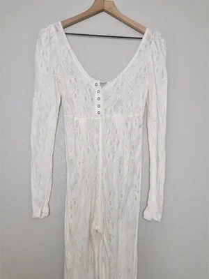 NEW Free People Intimately Home Alone Long Johns S Ivory Lace Onesie Pajamas thumbnail 3