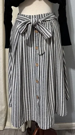See You Monday Linen Blend Striped Midi Skirt‎ Size L Black White Nautical Cottagecore Modest thumbnail 1