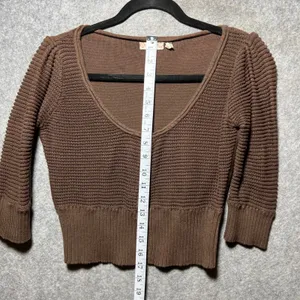 Y2K Guess‎ Brown Cotton Knit Cropped Cardigan Gold Button Scoop Neck L thumbnail 3