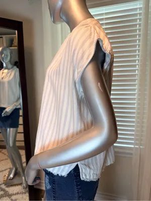 Splendid Linen Blend Striped V-Neck Cap Sleeve Blouse Blue White Medium Coastal thumbnail 3