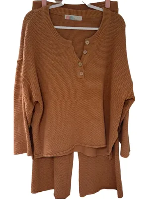 Free People Hailee Waffle Stitch Long Sleeve Top & Wide Leg Pants Set Size M thumbnail 2