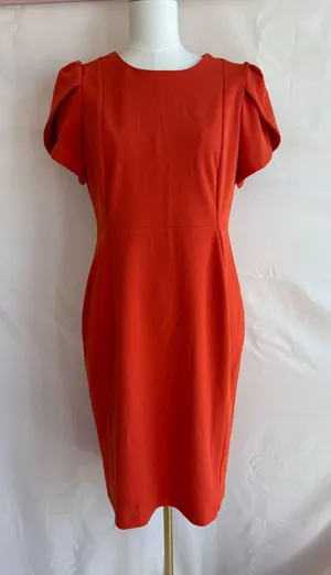 Calvin Klein Women's Orange Dress with Puff Sleeves and Back Zipper thumbnail 1