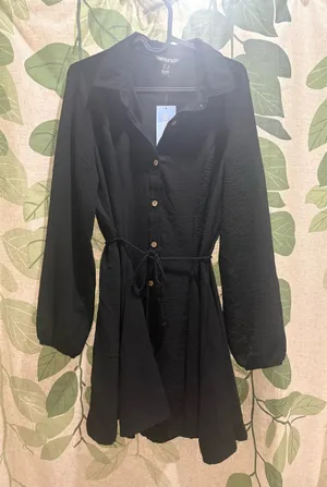 Streetwear Society Black Long-Sleeve Shirt Dress with Waist Tie thumbnail 1