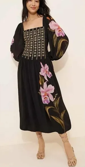 Farm Rio x Anthropologie Floral Long-Sleeve Midi Dress in Black, Size XS thumbnail 1