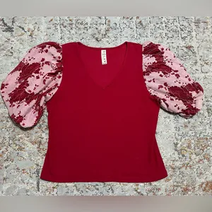 Anthropologie Dolan Lace Puff Sleeve Top size XL red thumbnail 12