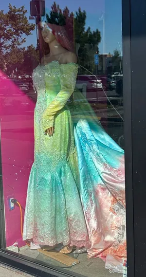 Ombre‎ Lace Mermaid Gown Off Shoulder Beaded Long Sleeve Train Pastel Rainbow thumbnail 1