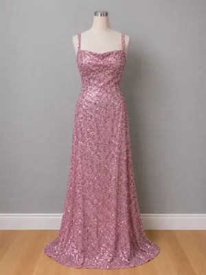 Boutique #27-16 Dusty Rose sequin velvet 1 inch strap long dress thumbnail 3