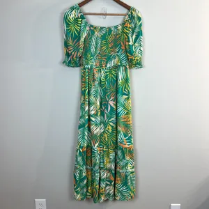 Betsey Johnson Maxi Dress Small Green Palm‎ Leaf Tropical Smocked Puff Sleeve thumbnail 7
