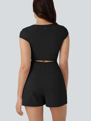 Halara Black Airy U-Neck Cap Sleeve Easy Peezy Romper NWT M thumbnail 5