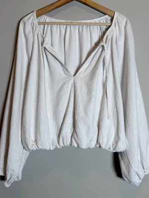 Abercrombie & Fitch x Tia Booth Linen-Blend Peasant Bubble Top Women's XL White thumbnail 4