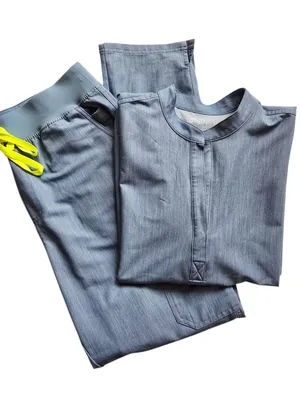 Figs Heather Indigo Scrub Set with Neon Yellow Drawstring thumbnail 2