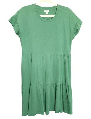 J.Crew Babydoll T-Shirt Dress Green Tiered Ruffle Sleeve Preppy‎ 100% Cotton, M thumbnail 1