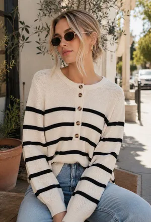 Miss Sparkling Cream Black Striped Knit Cardigan Sweater Coastal Preppy Fall thumbnail 1