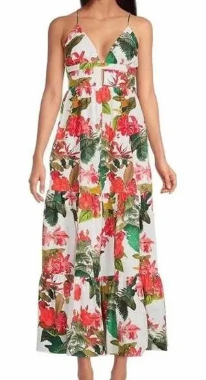 Gianni Bini Maxi Dress Size 6 White Floral Tropical Tiered Cotton Boho Vacation‎ thumbnail 1