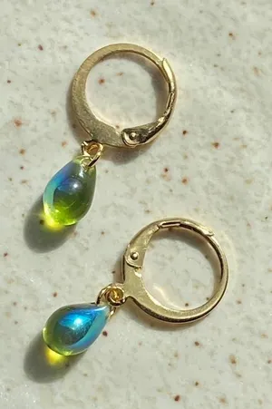 Handmade aurora olive green mini teardrop Czech glass simple minimalist earrings💚🫒💕 thumbnail 1