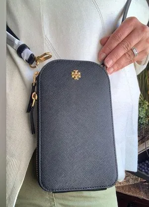 Authentic TORY BURCH leather saffiano dual zip phone cards crossbody thumbnail 1