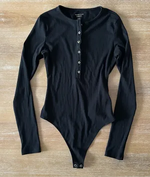 American Eagle Black Ribbed Henley Bodysuit thumbnail 1
