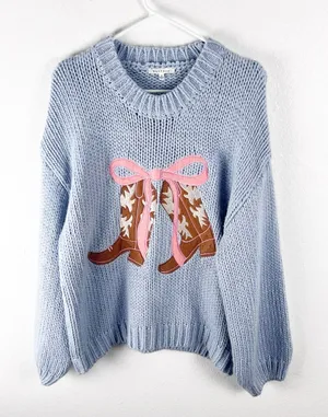 BAEVELY Blue Chunky Knit Cowgirl Boots Graphic Drop Shoulder Sweater Size Medium thumbnail 1