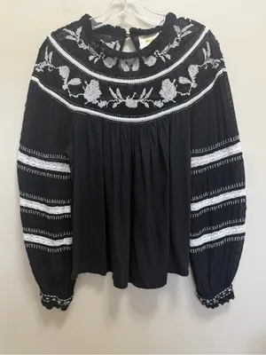 Maeve Anthropologie Winona Lace Embroidered Top Blouse Black White Size Small thumbnail 3