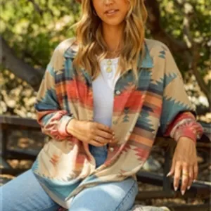 Boho Shacket Tribal Aztec Print Cream Button Collar Pockets Long Sleeve Medium thumbnail 9
