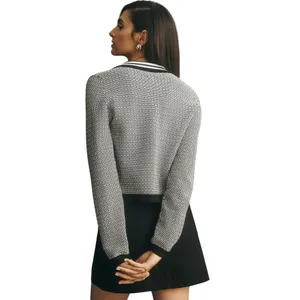 Anthropologie Maeve Preppy Black/White Cropped Plunging Polo Cardigan Size Small thumbnail 2